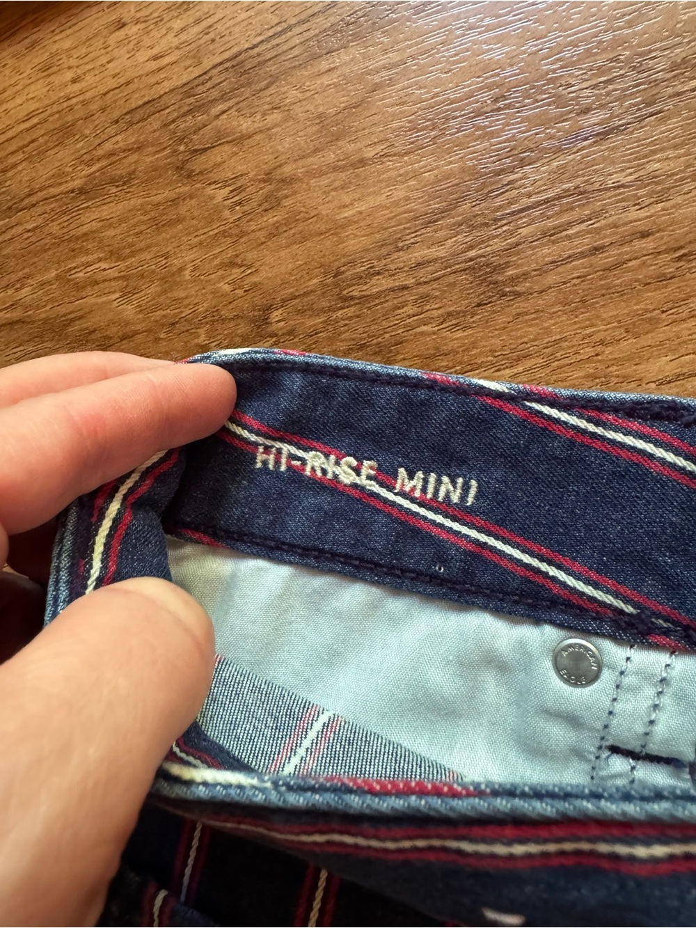 Striped Dark Blue Denim Mini Skirt with Red & White Pinstripes - Picture 5 of 5